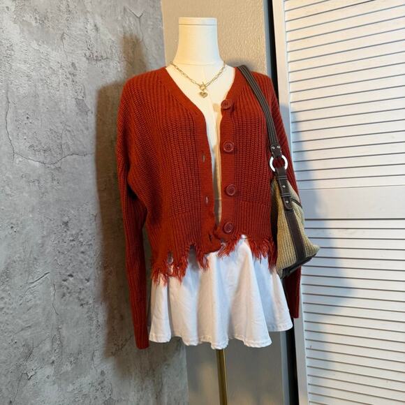 Burgundy Distressed Cardigan with Button Up front - Picture 2 of 7